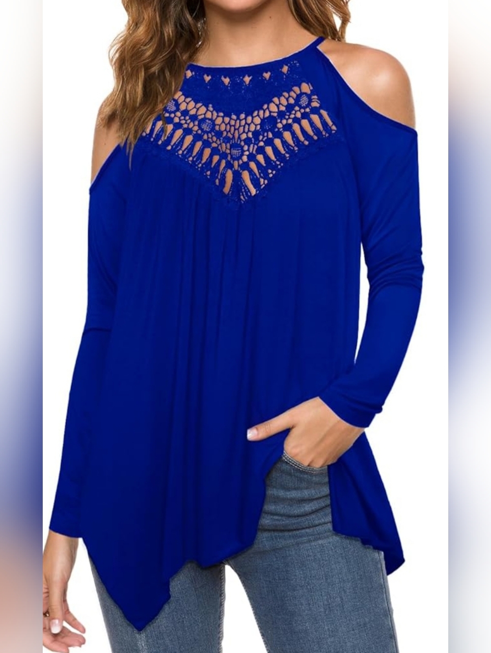 Women's Cold-Shoulder Crochet Yoke Long Sleeve Top - Royal Blue